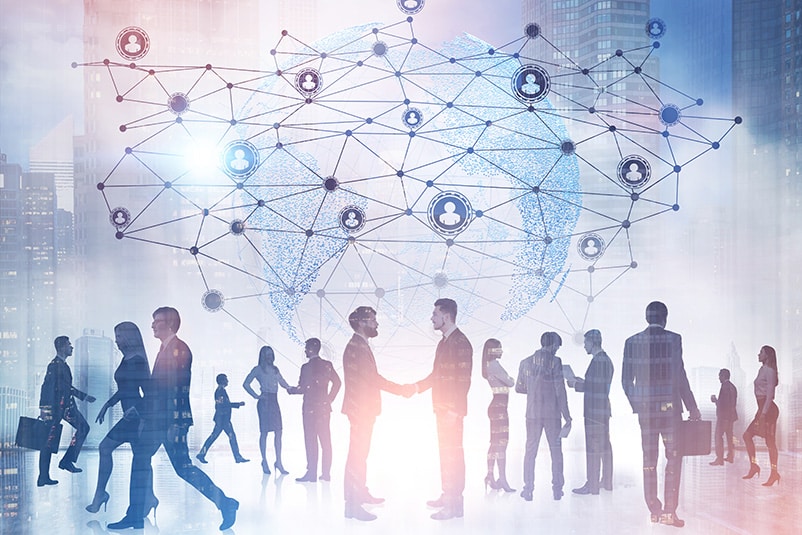business people silhouettes with digital network above
